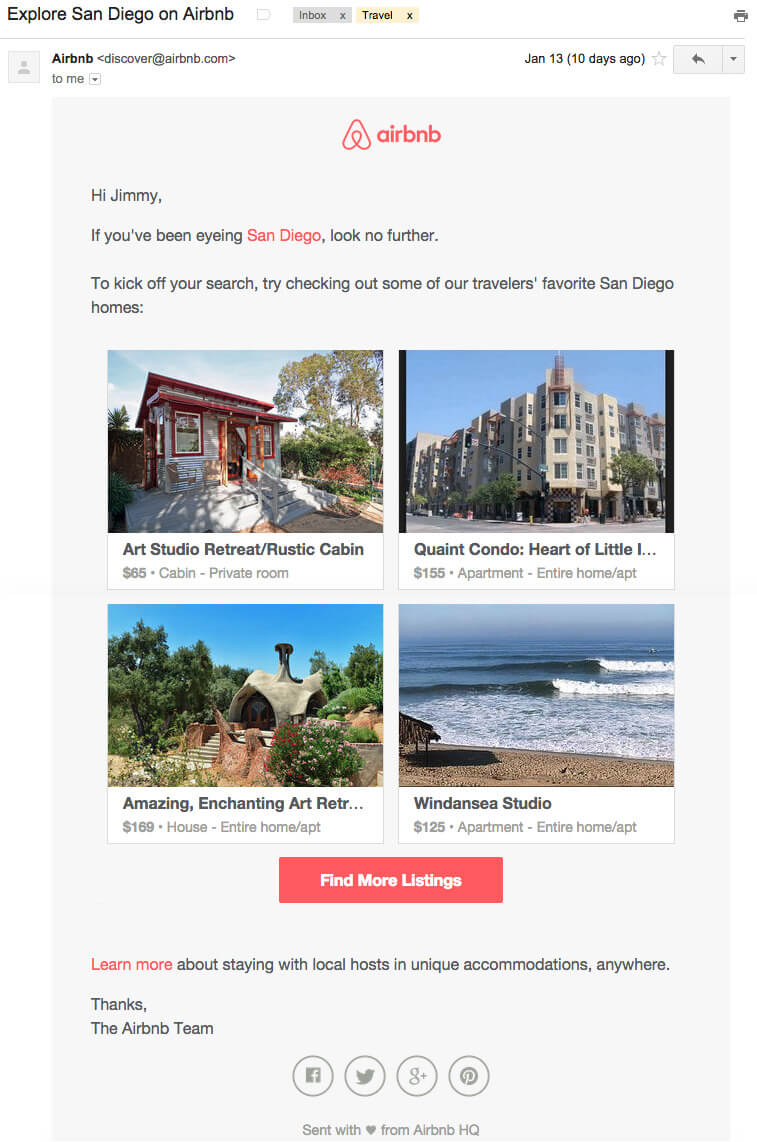 Example of behavioral email from Airbnb