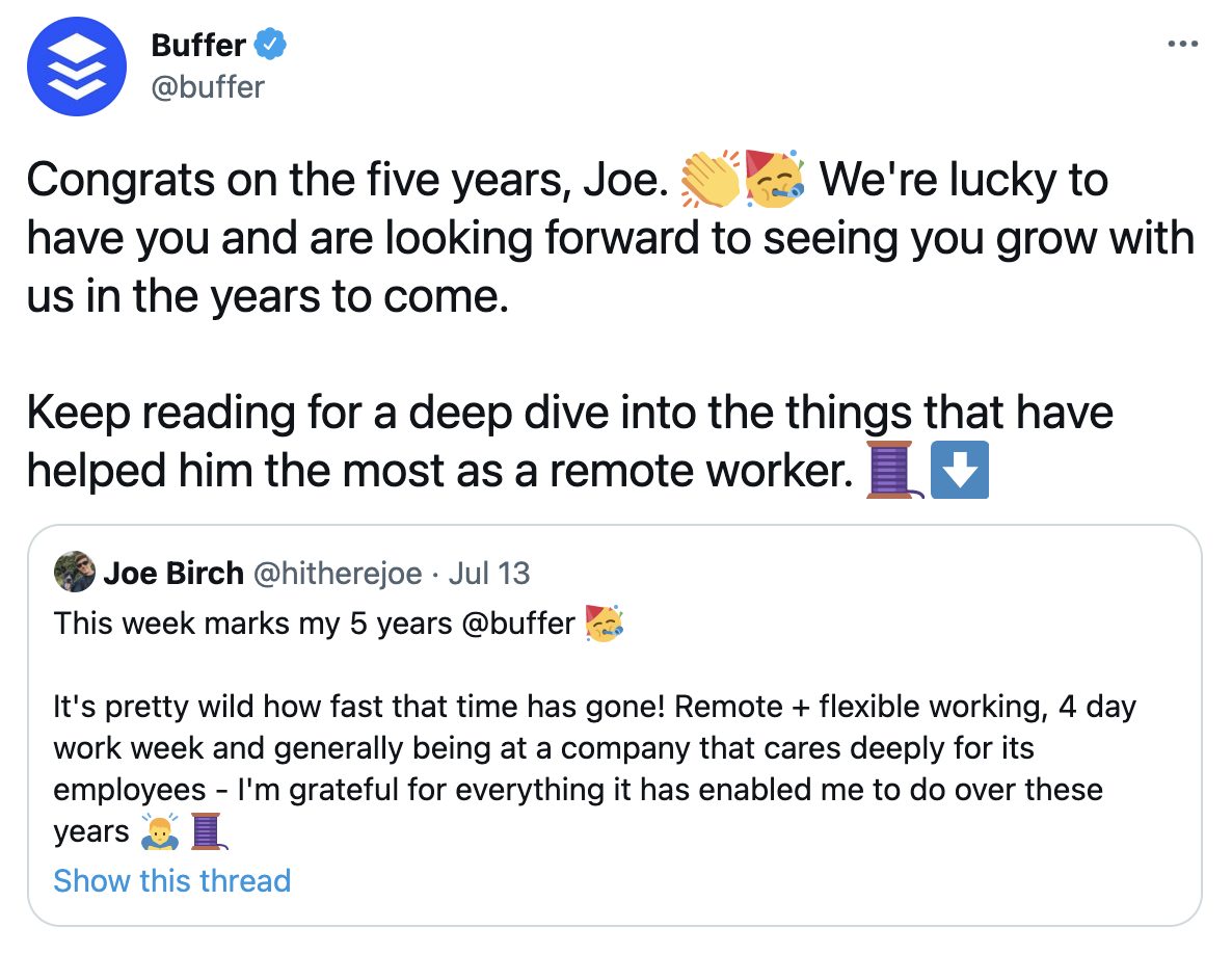Buffer Twitter account celebrating employee milestone