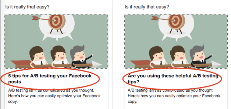 facebook a/b testing example with headlines
