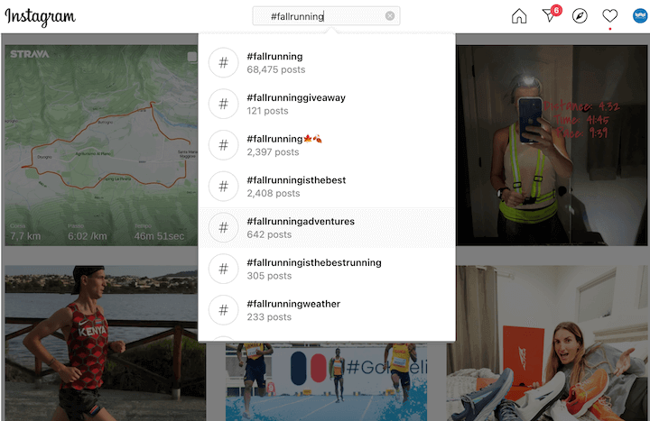 example of hashtag search on instagram for #fallrunning