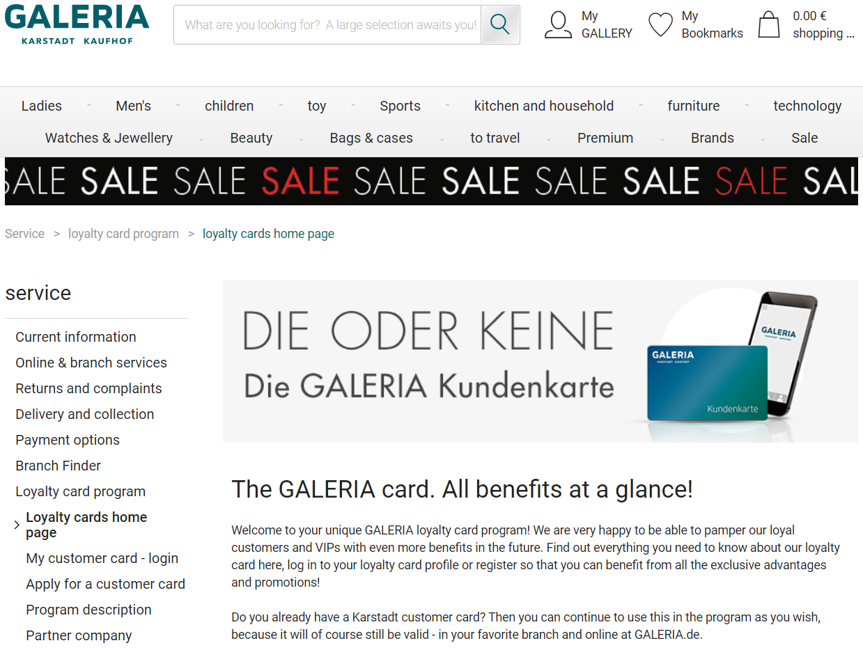 The loyalty program page for Galeria Kaufhof