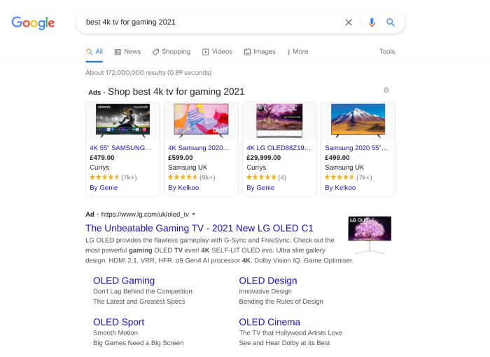 Search results showing PPC ads for best 4k tv for gaming 2021