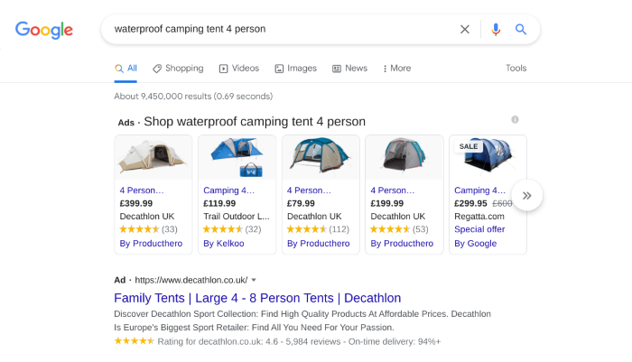 PPC ads showing for waterproof camping tent