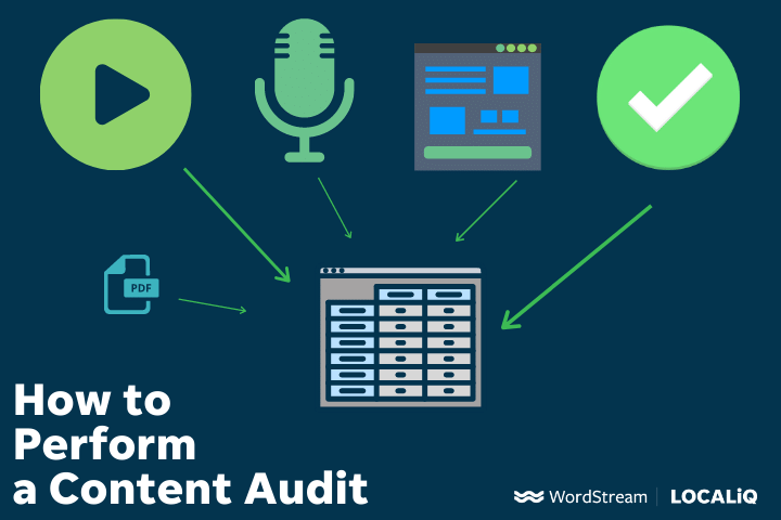 icons of content formats pointing to a content audit spreadsheet