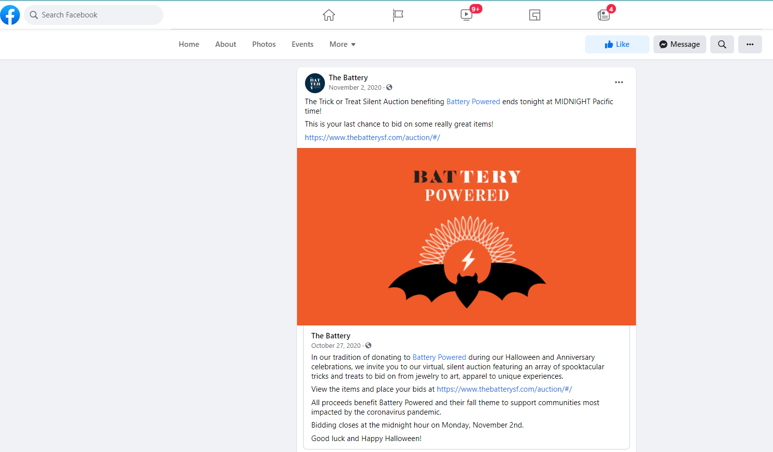 Halloween fundraising idea - The Batterys social post for their Halloween-themed auction