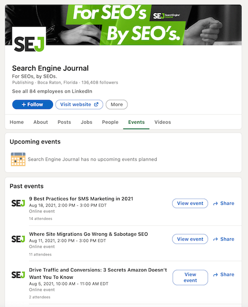 example of linkedin company page events section
