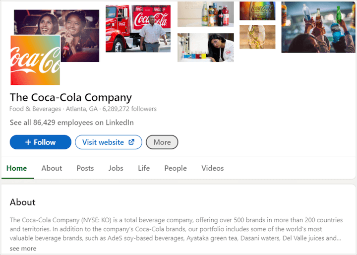 great example of linkedin company page by coca cola