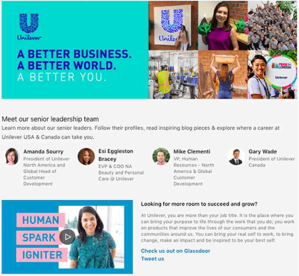 great example of linkedin company page by unilever—leadership team