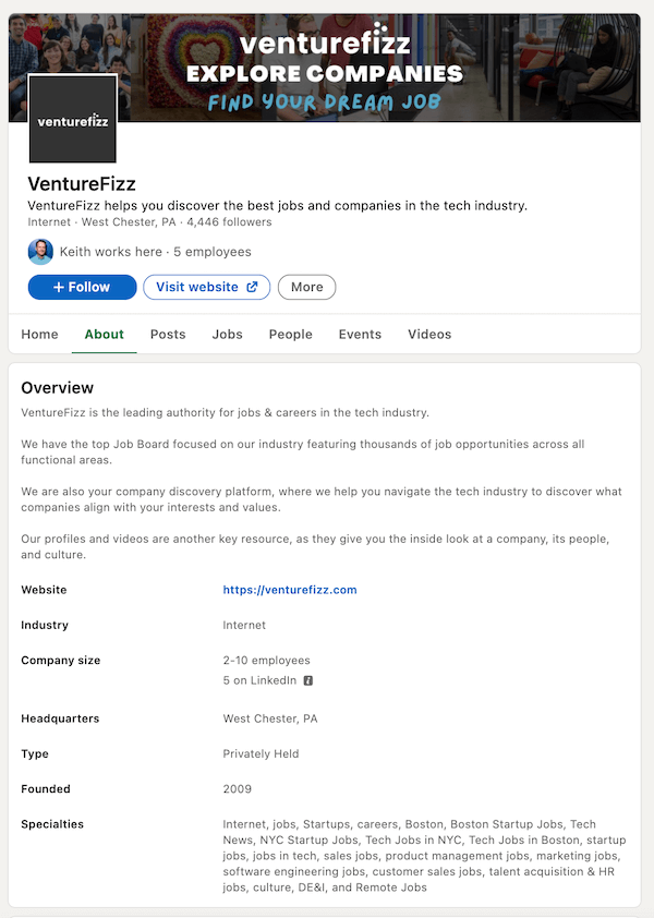 example of complete linkedin company page by VentureFizz