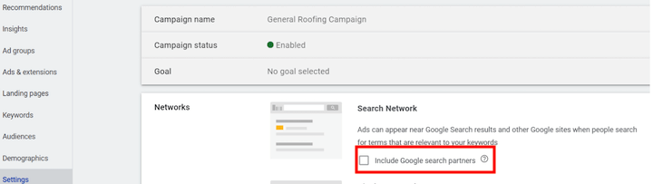 google ads campaign setup with option to include google search partners