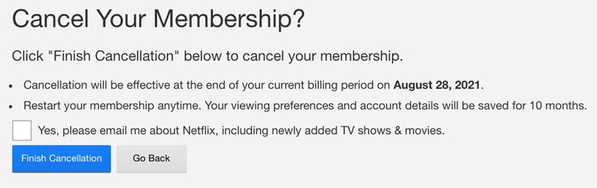 Screenshot Netflix membership cancellation application user interface