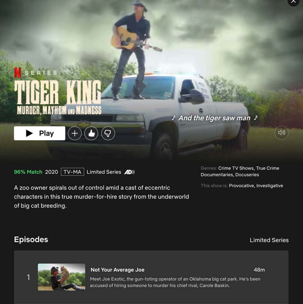Screenshot Netflix thumbs up and thumbs down rating feature