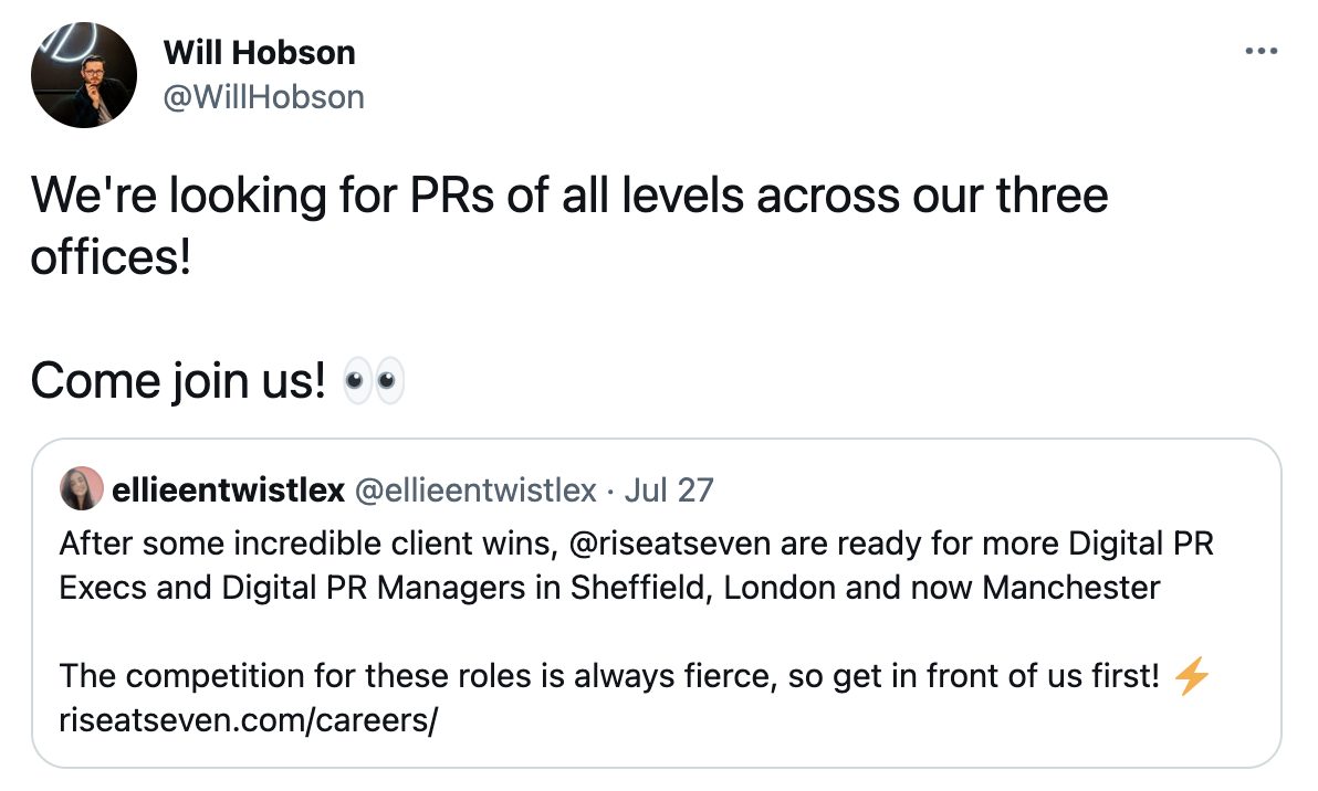 Rise at Seven employee sharing job opportunities on Twitter