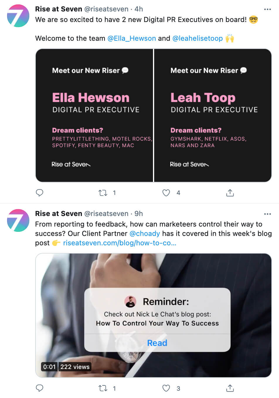 Screenshot of Rise at Sevens tweets sharing new employees joining