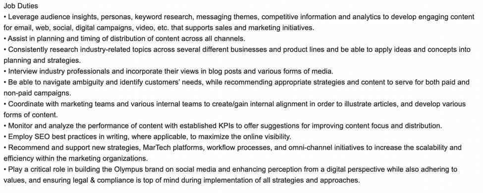 Screenshot Example Content Marketing Manager Job Duties