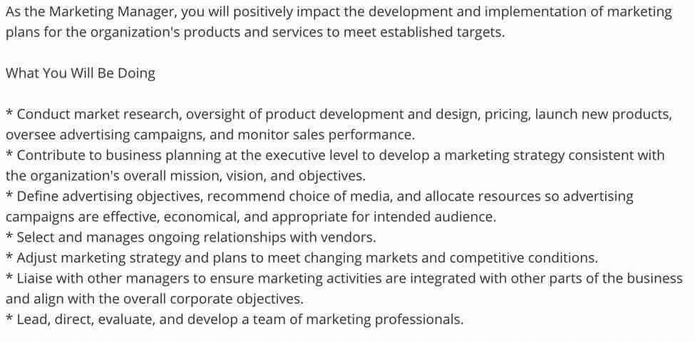 Screenshot Example Marketing Manager Responsibilities on Job Boards