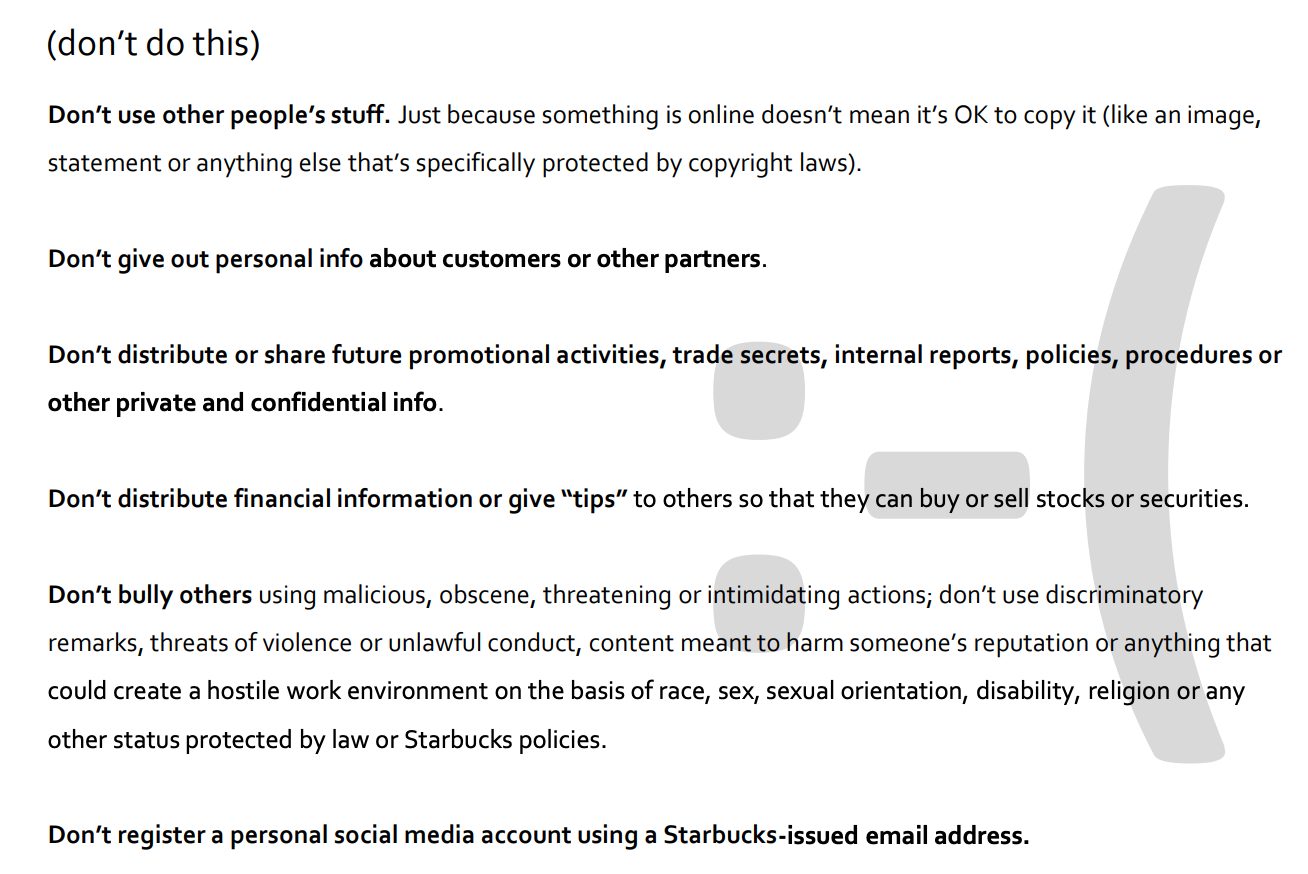 Screenshot from Starbucks social media guidelines