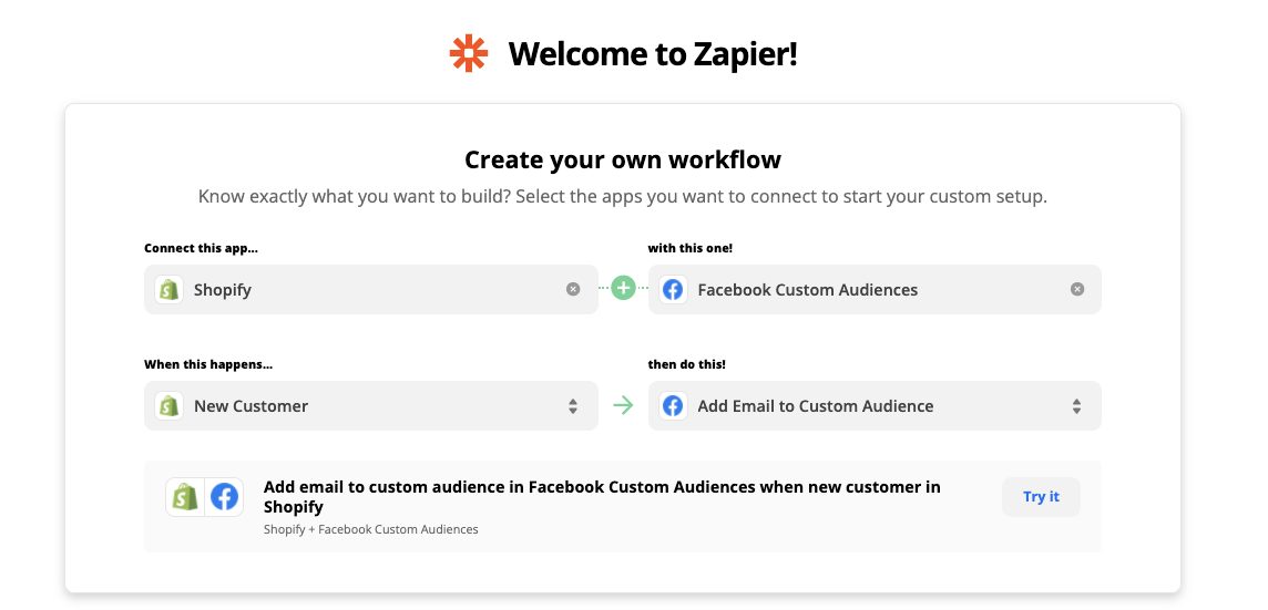Zapier Shopify + Facebook Ad automation example