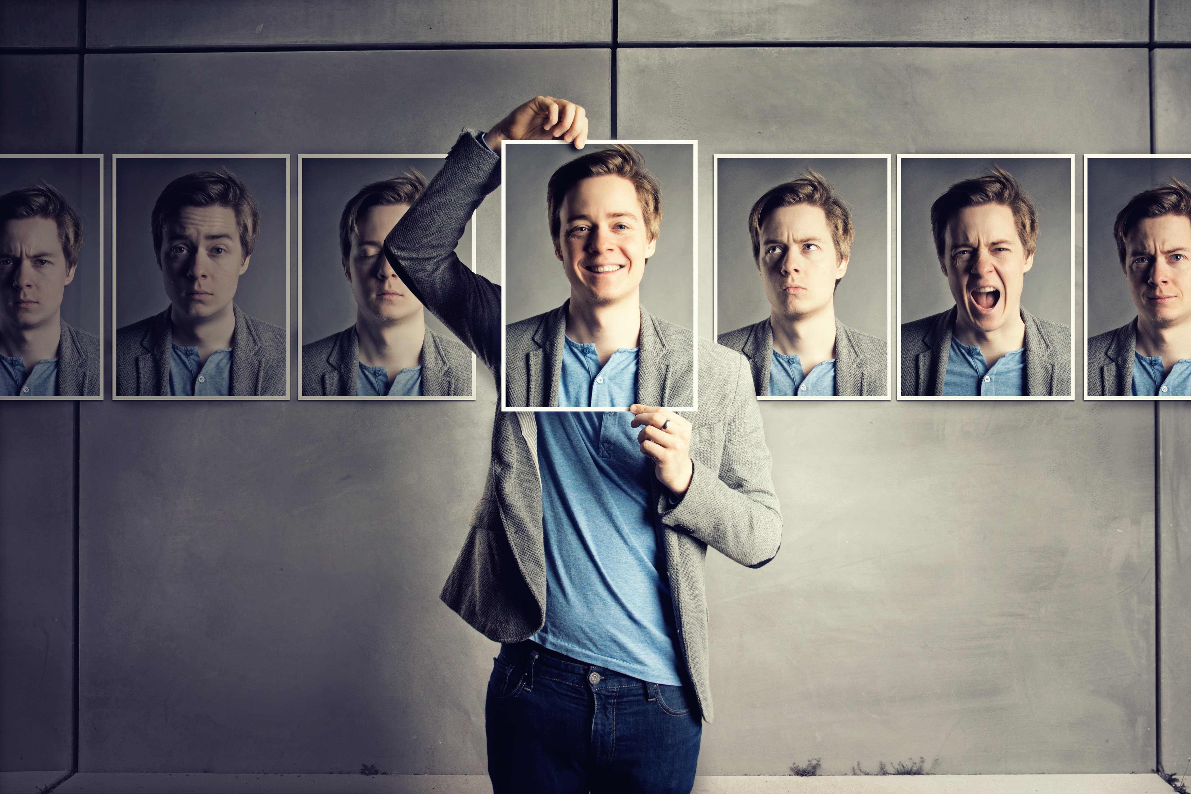 Man with photos showing different personalities for content marketing