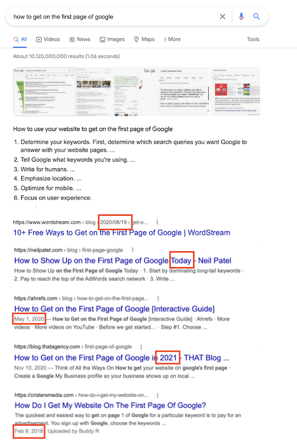 SERP for query about getting on the first page of google