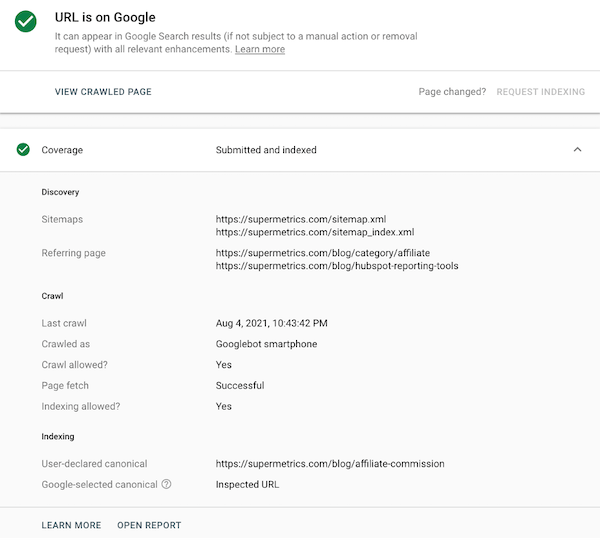 Google search console URL inspection