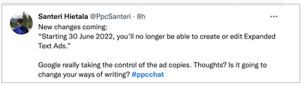 google sunsetting expanded text ads - tweet about control over ad copy