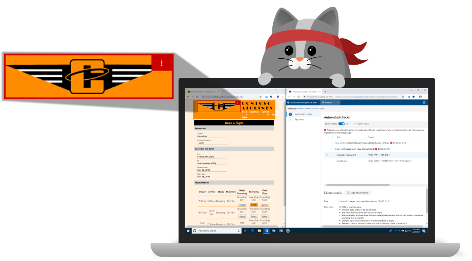 Cartoon cat looks over accessibility test results