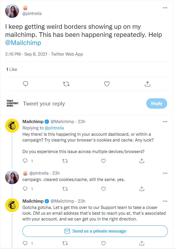 Twitter conversation between Mailchimp and a user