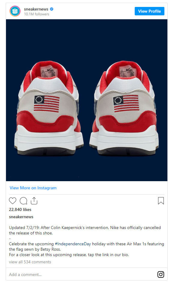 Instagram post from Nikes Betsy Ross campaign