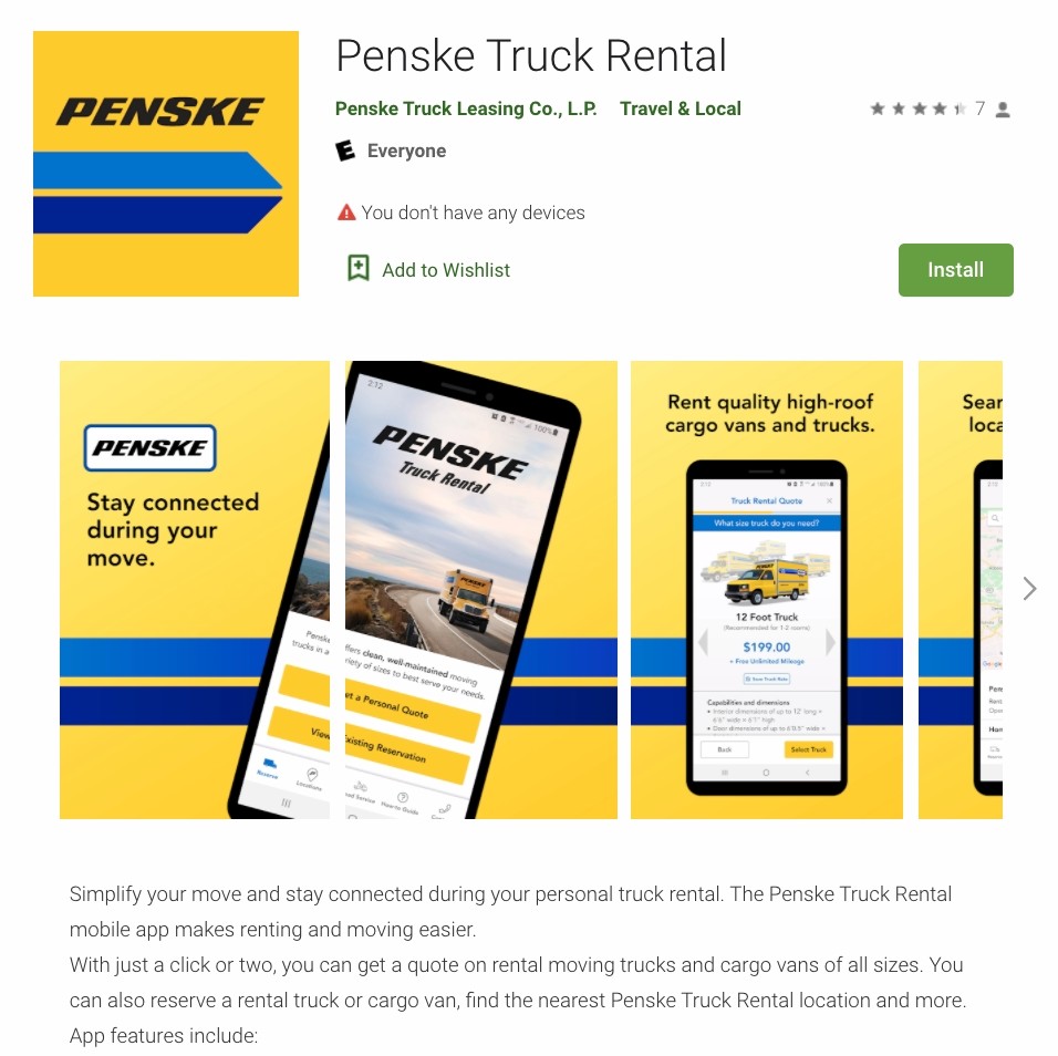 Screenshot of Penskes mobile app (acquired)