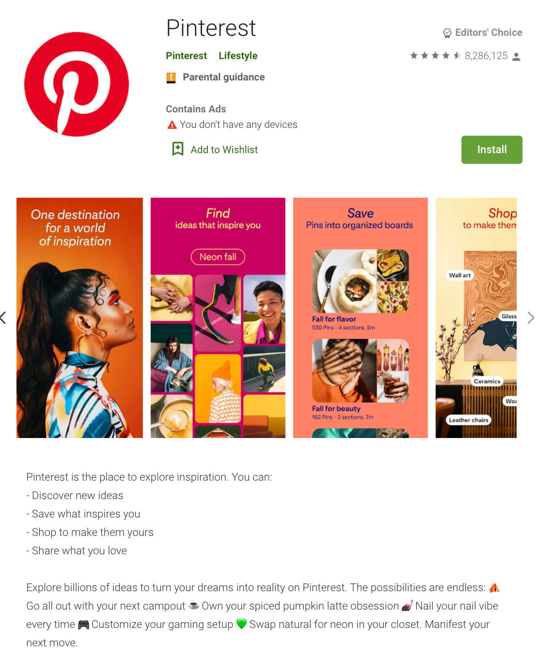 Screenshot of the Pinterest app