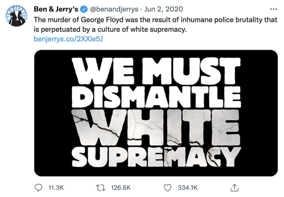 screenshot ben and jerrys on twitter reacted on white supremacy