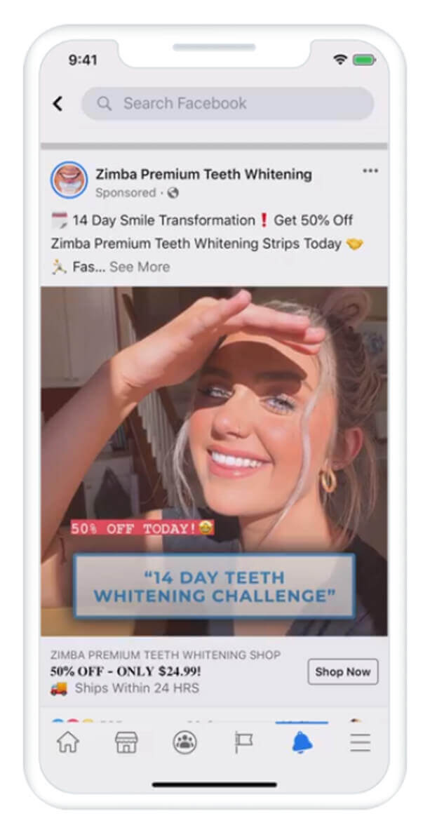 screenshot zimba teeth whitening company using facebook to engage users
