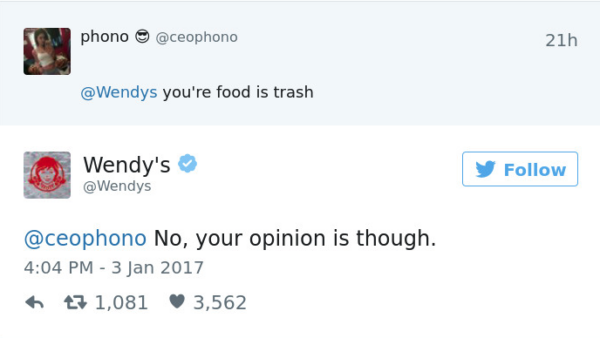 A text exchange between fast food restaurant Wendy's and a customer via twitter.