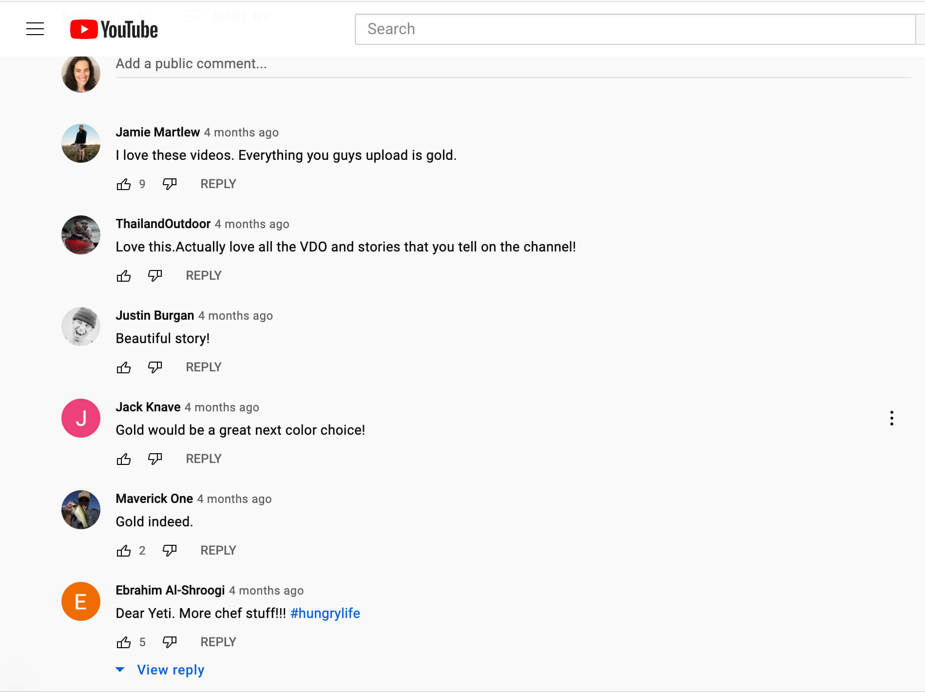 Screenshot of Yetis YouTube comments