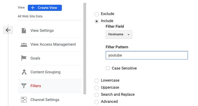 Screenshot of Google Analytics filter options