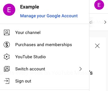 Screenshot of YouTube account menu