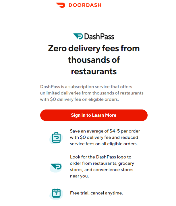 DoorDash provides zero delivery fees and reduced service fees on orders over $12.
