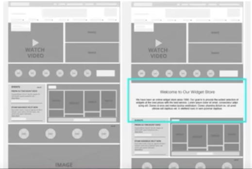 The picture shows a comparison of two home page designs: one that showcases SEO-friendly web design by incorporating a text box for optimized copy against the previous home page design that doesn’t.