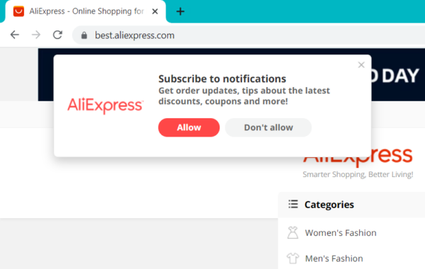 Request for permission to send notifications on AliExpress