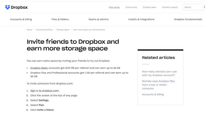 growth marketing vs growth hacking example: dropbox