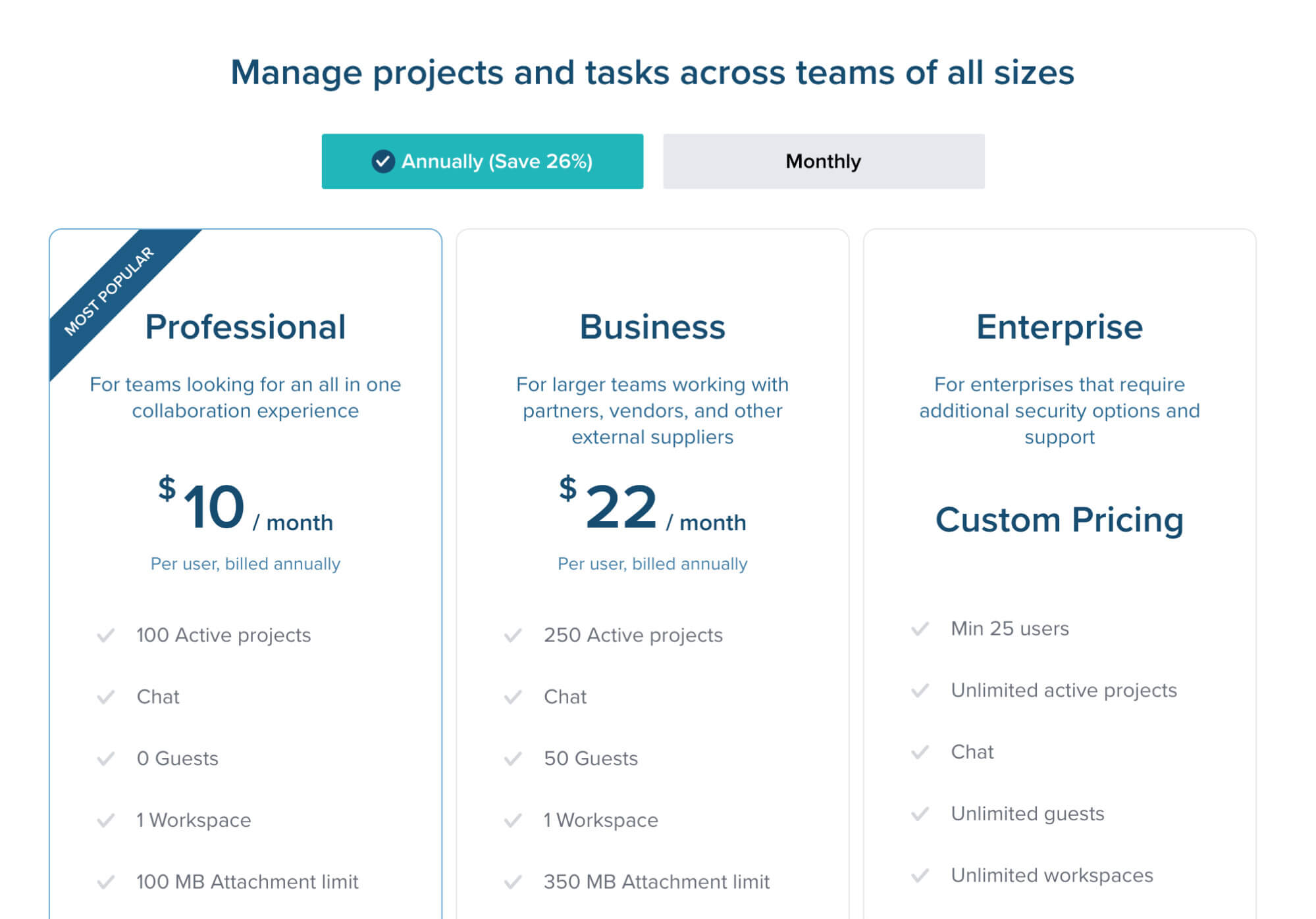 Example of a pricing page from Taskworld