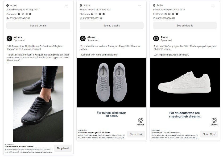 Atoms Shoes brand Facebook campaigns