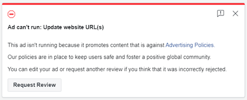 facebook ad not approved - ad cant run: Update website URL(s) notification