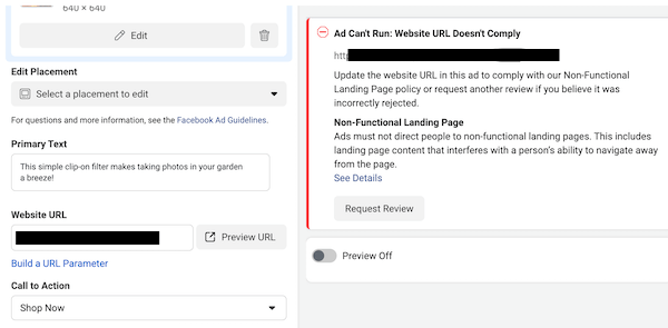 facebook ad not approved: website URL doesnt comply notification