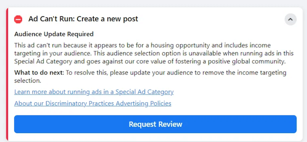 facebook ad cant run notification due to personal attributes policy