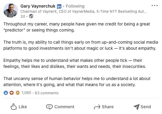 Example of LinkedIn post from Gary Vaynerchuk
