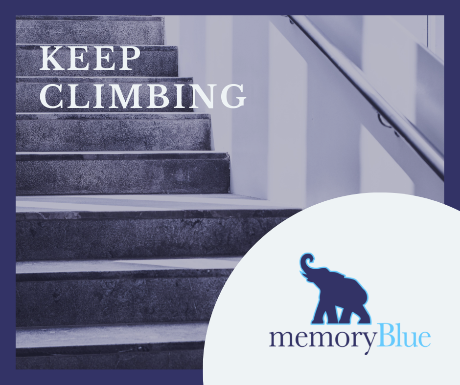 Stick it out: Keep climbing stairway with memoryBlue logo