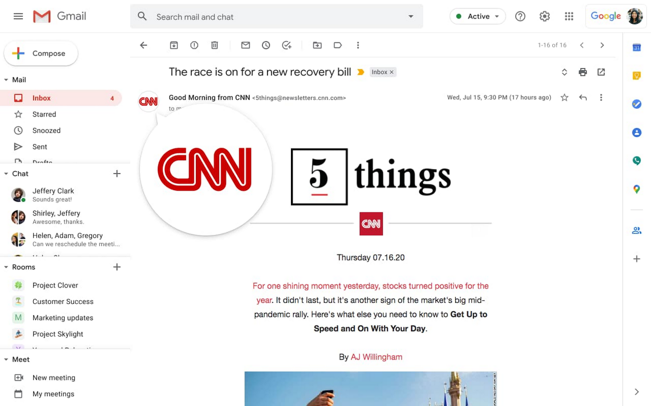 A desktop screen showing an email from CNN that uses BIMI