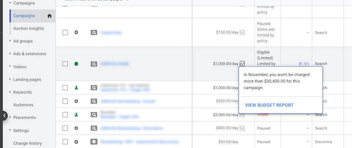 how to access the google ads budget report